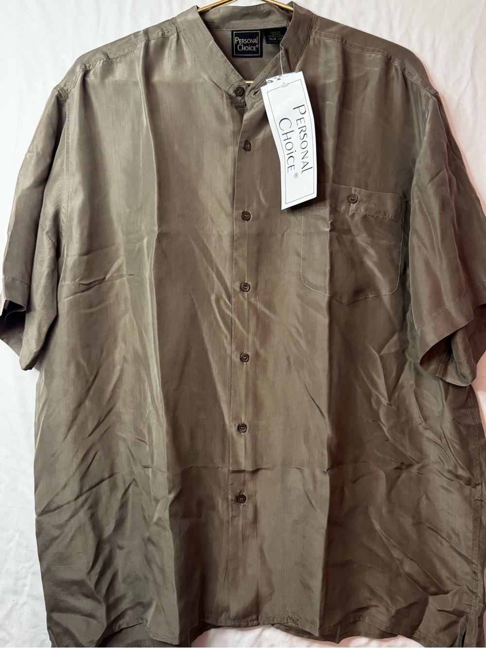 Personal Choice Men's Olive Short-Sleeve Band-Collar Button Down Shirt